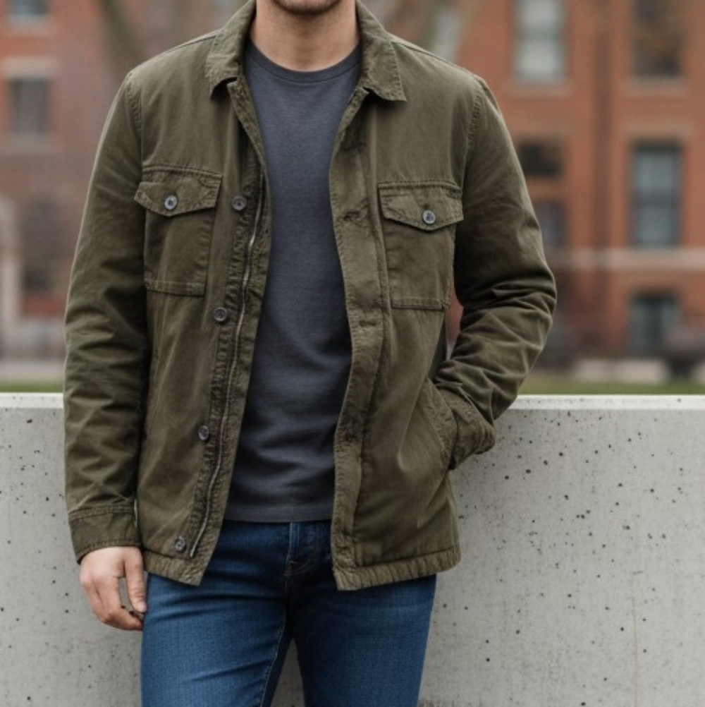 AllSaints Colridge Jacket Men's S Khaki Brown 100% Cotton Military "Flawed"
